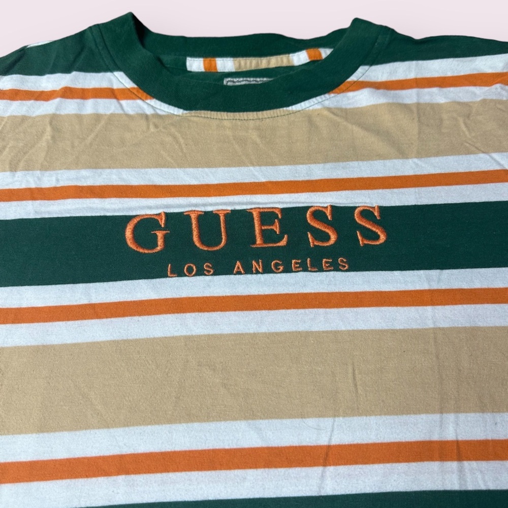 Men’s Guess Los Angeles Tan White Green Orange Stripe S/S Tee Shirt Sz Small - Picture 4 of 9